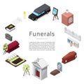 Funeral vector icon set in isometric style for posters. Ritual services. Funeral accessories wreath, coffin, candle, urn