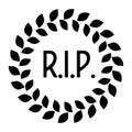 Funeral wreath with R.I.P. label. Rest in peace. Simple flat black illustration.