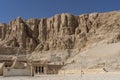 The funerary temple of the queen-Pharaoh Hatshepsut is cut down in the steep cliffs.