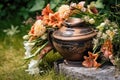 Funerary urn with ashes of dead and flowers at stone grave on funeral. Generative AI Royalty Free Stock Photo