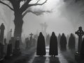 Funereal Procession. Mourners Clad in Black Moving Through a Mist-Laden Cemetery Royalty Free Stock Photo