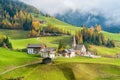 Autumnal sight at Santa Magdalena village in the famous Val di Funes. Trentino Alto Adige, Italy.