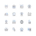 Funfair line icons collection. Rides, Carousel, Ferris wheel, Roller coaster, Clowns, Popcorn, Cotton candy vector and