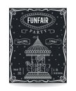 Funfair party invitation on chalkboard with vintage carousel and decorative elements.