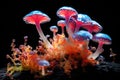 Fungus mycelium in neon colors. Fantasy Mushrooms on black background