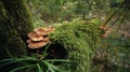 funguss on a mossy tree branch with green moss Royalty Free Stock Photo