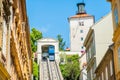 Funicular and medieval Lotrscak tower in Zagreb, Croatia Royalty Free Stock Photo