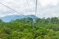 Funicular moves over tropical forest in mountains in Vietnam