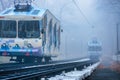The funicular rides through thick fog. Kyiv, Ukraine Royalty Free Stock Photo