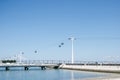 Funicular or ropeway and public transport through gulf or river or channel in Lisbon in Portugal. Royalty Free Stock Photo