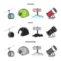 Funicular, tent, road sign, snow cannon. Ski resort set collection icons in cartoon,black,monochrome style vector symbol