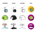 Funicular, tent, road sign, snow cannon. Ski resort set collection icons in cartoon,black,outline,flat style vector Royalty Free Stock Photo