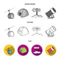 Funicular, tent, road sign, snow cannon. Ski resort set collection icons in flat,outline,monochrome style vector symbol Royalty Free Stock Photo