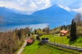 Funicular to Niederhorn mountain with view of Lake Thun and Niesen mountain in Switzerland