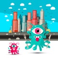 Funky Alien Cartoon. Aliens with City on Background. Royalty Free Stock Photo