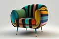 funky armchair with colorful upholstery and metallic legs in vintage style