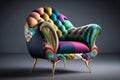funky armchair with colorful upholstery and metallic legs in vintage style