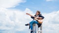 Funky beauty. female singer and guitarist. happy childhood. cute child play guitar outdoor. music and song. vocal school Royalty Free Stock Photo