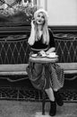 Funky beauty. parisian woman wear french beret. pretty girl relax in cafe. morning coffee for breakfast. sexy blond with Royalty Free Stock Photo