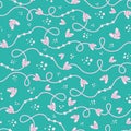 Funky bubbly pink and cream hand drawn doodle lines and hearts seamless vector pattern turquoise background.