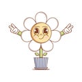 Funky Character Flower in a pot in groovy style. Isolated retro sticker on a transparent background for various purposes