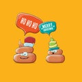 Funky christmas hand drawn greeting card. vector funny cartoon cool tiny brown poo character with santa red and his poo