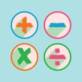 Funky colorful round brush style basic mathematical signs with long shadow icons set design elements on blue