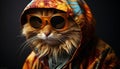 funky feline colorful cat in sunglasses dancing on vibrant background, travel and fun concept