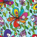 Funky flower mascot fly sky seamless pattern