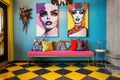 funky foyer with pop-art decoration hanging above a retro bench