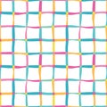 Funky fun colorful grid check wavy lines on white background, seamless repeating vector pattern
