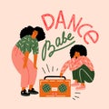 Funky girls with record player dancing on the street illustration in vector. Girl power concept poster