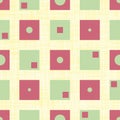 Funky green and red squares with inner circles and rectangles in geometric design. Seamless vector pattern on canvas