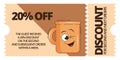 Funky groovy cartoon character Coffee discount coupon. Vintage funny mascot patch psychedelic smile, emotion. Design art