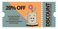 Funky groovy cartoon character Coffee discount coupon. Vintage funny mascot patch psychedelic smile, emotion. Design art