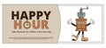 Funky groovy cartoon character Coffee Happy Hour coupon. Vintage funny mascot patch psychedelic smile, emotion. Design