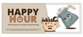 Funky groovy cartoon character Coffee Happy Hour coupon. Vintage funny mascot patch psychedelic smile, emotion. Design