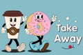 Funky groovy cartoon character Coffee, Donut banner for food takeaway.