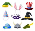 Funky Hats with Pointed Witch Hat and Green Jester Cap Vector Set Royalty Free Stock Photo