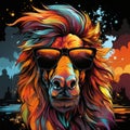 Funky Illustrated Lion Wearing Sunglasses with Colorful Background