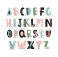 Funky latin font or childish english alphabet hand drawn on white background. Colorful textured letters decorated with
