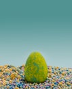 Funky minimal Easter concept. Unique colored eggs lay down on many colorful little balls. Creative copy space above with blue Royalty Free Stock Photo