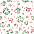 Funky modern brushstroke effect green and red circles and swirls. Vector seamless pattern on white background. Relaxed