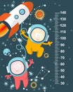 Funky monsters with a missile in space against the background of stars. Stadiometer.