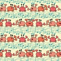 Funky orange cartoon crabs with doodle waves and musical notes. Seamless vector pattern on light yellow background Royalty Free Stock Photo