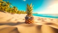 A funky pineapple with sunglasses in the beach sand. Generative AI