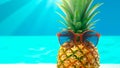 A funky pineapple with sunglasses in the beach sand. Generative AI