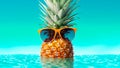 A funky pineapple with sunglasses inside water ocean at beach. Generative AI