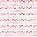 Funky pink, purple and orange triangle and doodle geometric design. Repeat vector pattern on white doodle texture