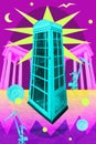 Funky pop art collage with phone booth and classic architecture detail in neon colors. Contemporary cityscape wallpaper Royalty Free Stock Photo